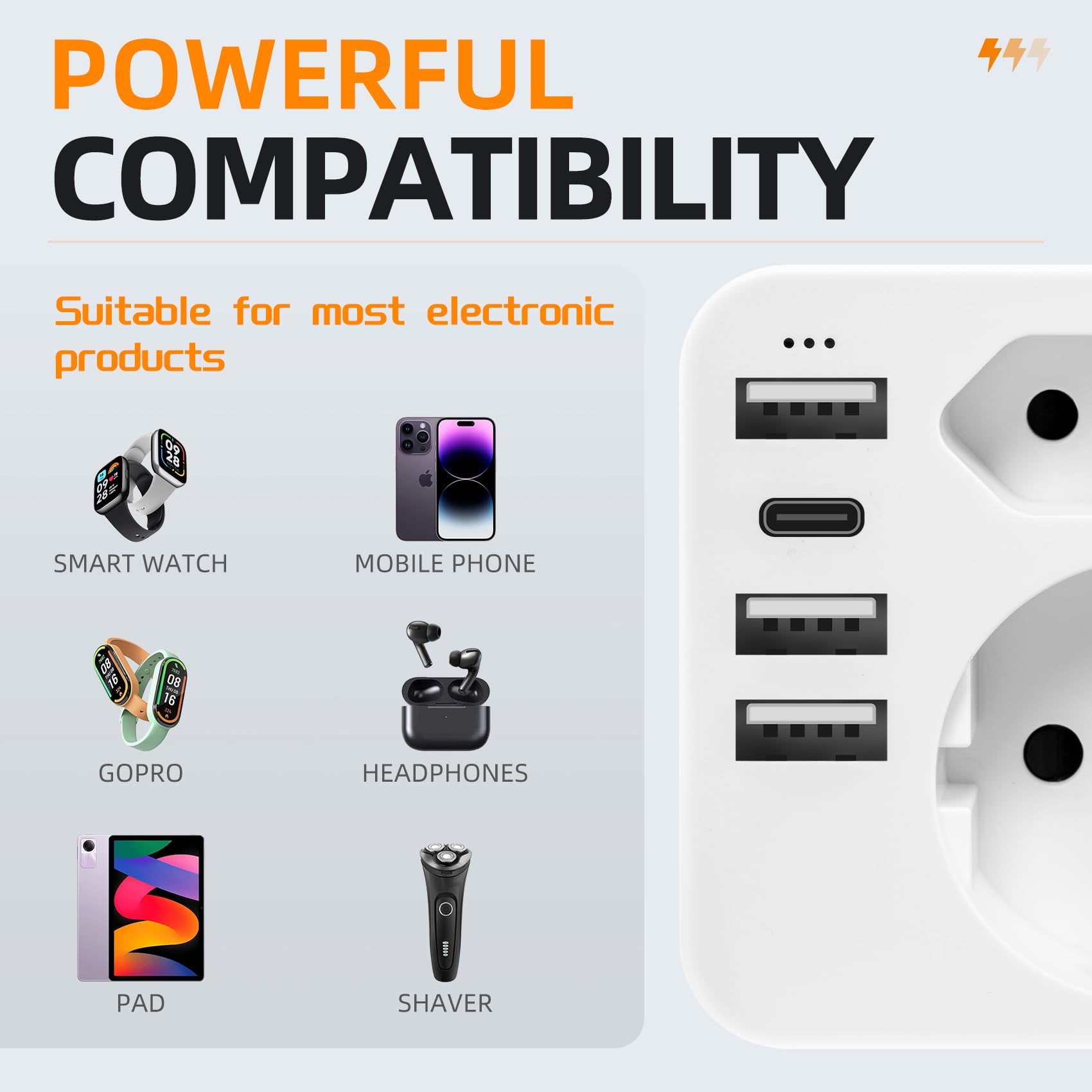 Carehabi Adapter wtyczki USA, adapter z Francji na USA z 3 USB-A i 1 USB-C, amerykański adapter wtyczkowy, adapter podróżny do USA, Kanady, Meksyku, Tajlandii, adapter typu B