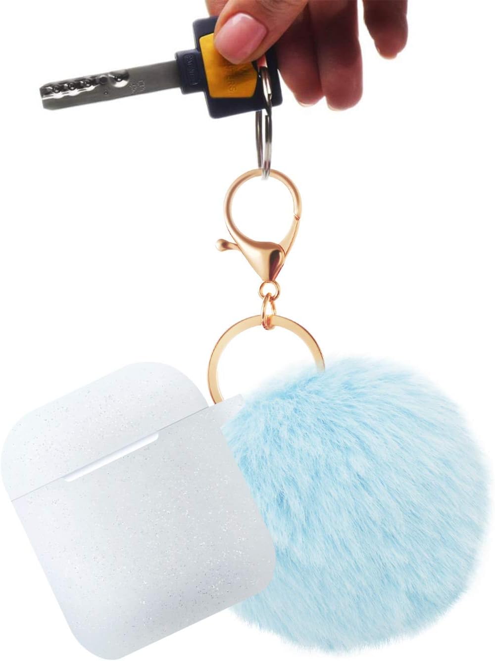 for Airpods Case - BlUEWIND Drop Proof Air Pods Protective Pom Pom Keychain Case Cover Silicone Skin for Apple Airpods 2 & 1 Charging Case, Cute Fur Ball Airpods Keychain/Strap, Glitter Light Blue