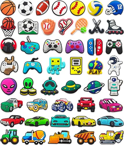 48 PCS Shoe Charms for Boys Girls & Kids : Sports Car Truck Video Game and Space Decoration Pins for Clogs - Shoe Accessories - Party Favors Gifts