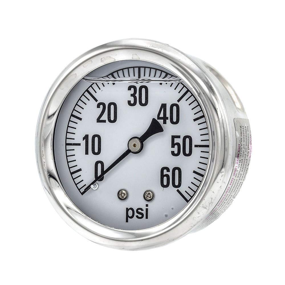 PIC Gauges AG-202L-254M Center Back Mount Glycerin Filled Single Scale Pressure Gauge w/ SS Case/Bezel, Brass Internals, Plastic Lens, 2.5" Dial, 1/4" Male NPT, 0-1000 psi Range