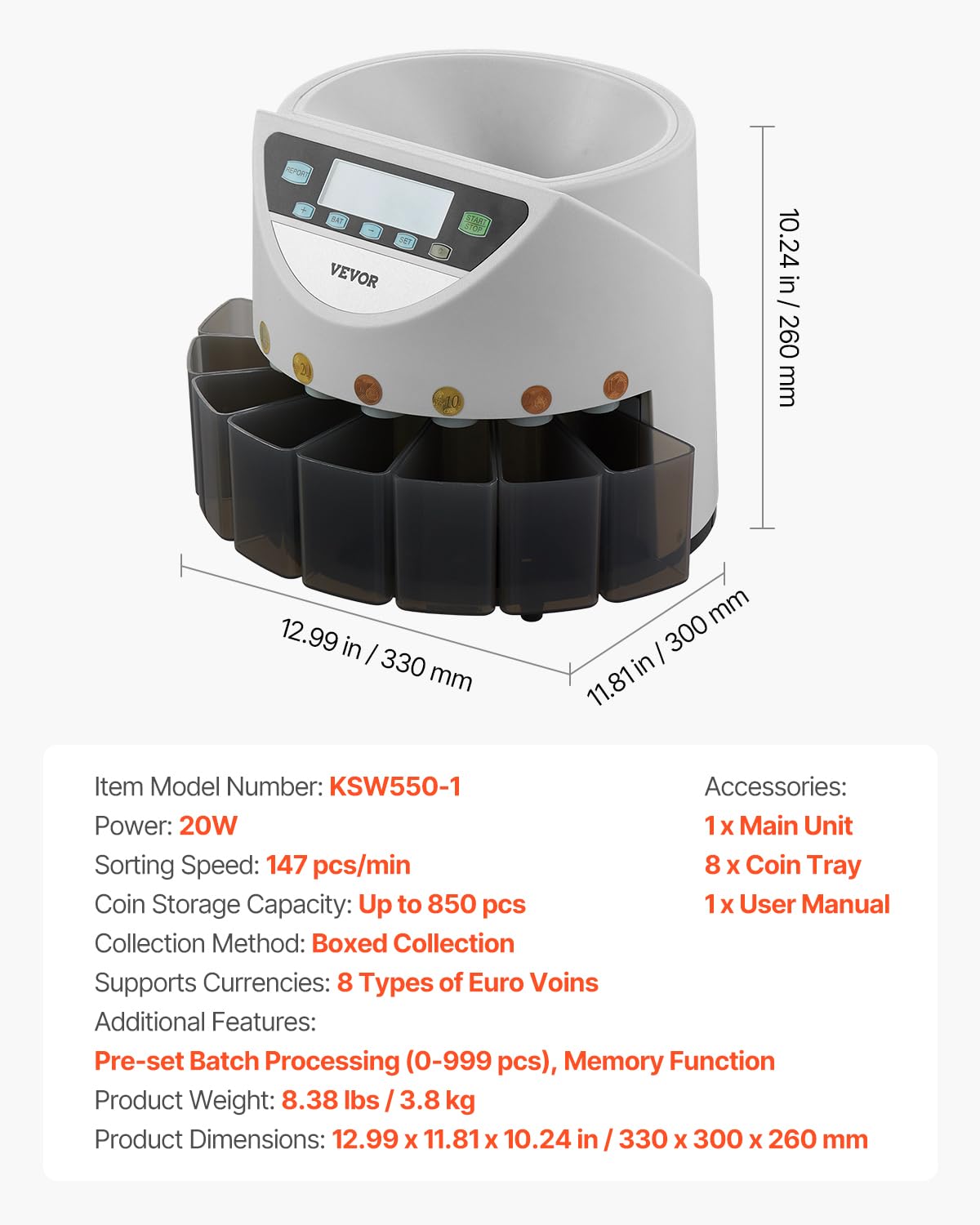 VEVOR Compteuse de Pièces Euros 8 Types 850PCs Écran LCD