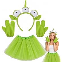 3 PCS Alien Headband, Green Story Alien Headband with Tulle Tutu Skirt & Stretch Gloves, Shrek-Themed Dress Up Outfit for Halloween Birthday Parties And Sci-Fi Events