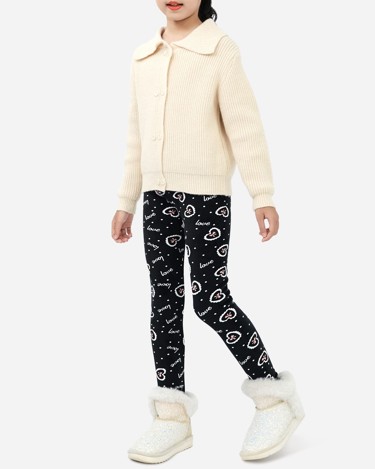 Domee Leggings Térmicos Pantalones Invierno Forro Polar Niña Pack de 2 Lazo Alfabeto Negro + Mariposa Azul Marino 8-9 años (Talla del Fabricante 140)