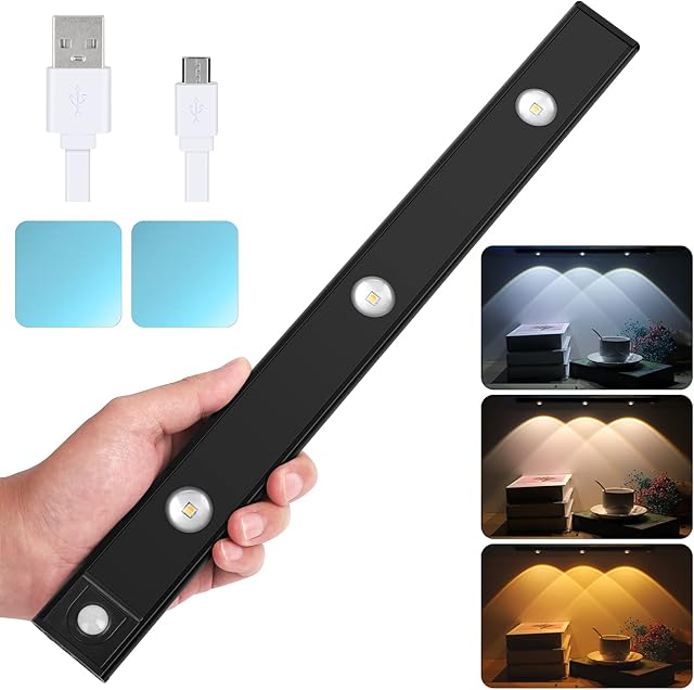 LED Closet Light,AEXIRI 40CM Under Cabinet Lighting,Upgrade Wireless Motion Sensor Cupboard Lights, 3 Color Dimmable Rechargeable Magnetic Night Lights Stick on Closet,Wardrobe,Stairs,Hallway,Garage