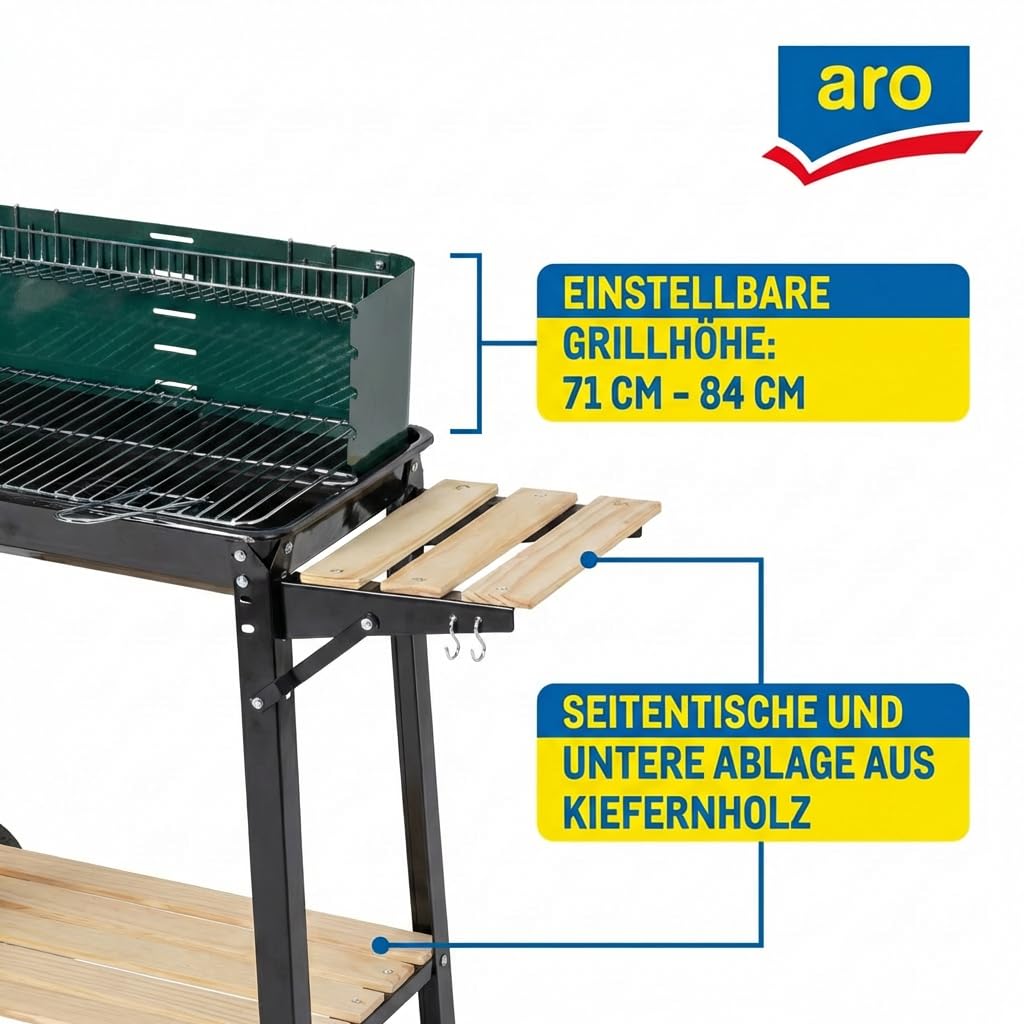 aro Holzkohle Grillwagen, Stahl/Holz, 2 Grillroste und 2 Seitenablagen, Holzgriffen, mit 2 Räder, Windschutz, grün (grün)