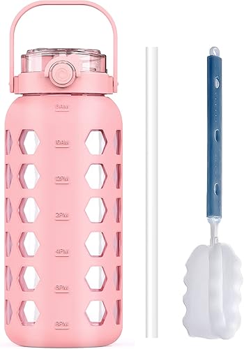 MUKOKO Botellas de agua de vidrio de medio galón64 onzas con popote y tapa, jarra de agua motivacional con recordatorio de marcador de tiempo y