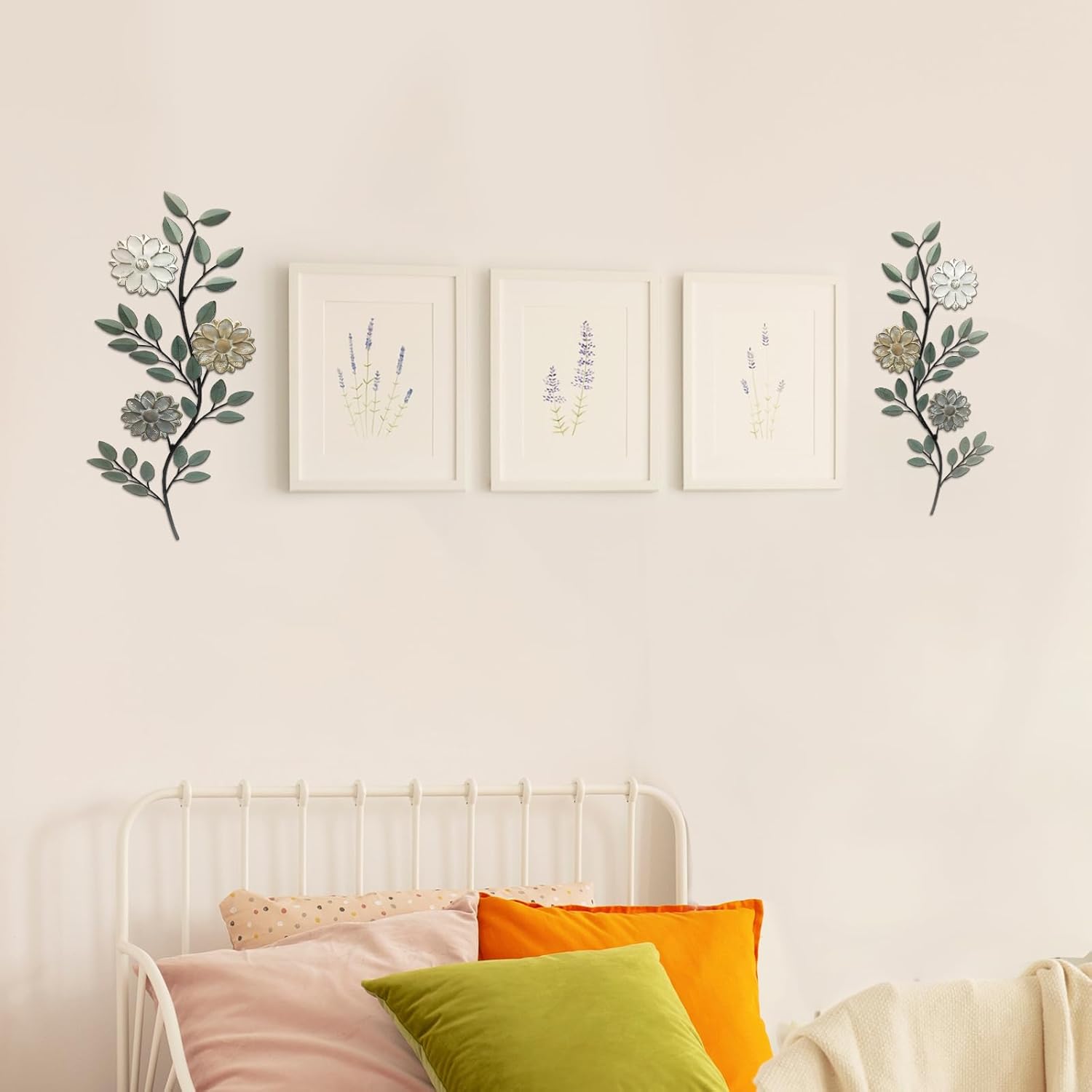MorningRo 2 Pcs Metal Flower Leaves Wall Art Spring Wall Decor Living Room, 15.75 Inch Vintage Rustic Branch Leaf Wrought Iron Scroll Art Decor for Spring Bedroom Indoor Outdoor Decorations(Green)