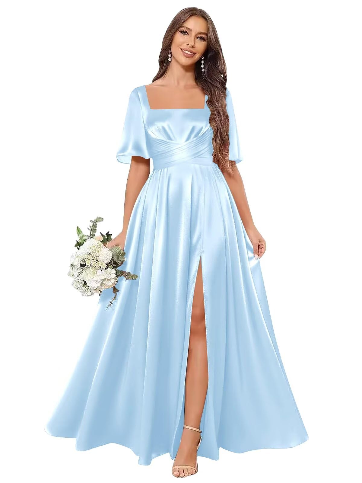 Fu Jiang Square Neck Satin Bridesmaid Dresses with Slit Sleeves Long Formal Evening Dress for Women with Pockets