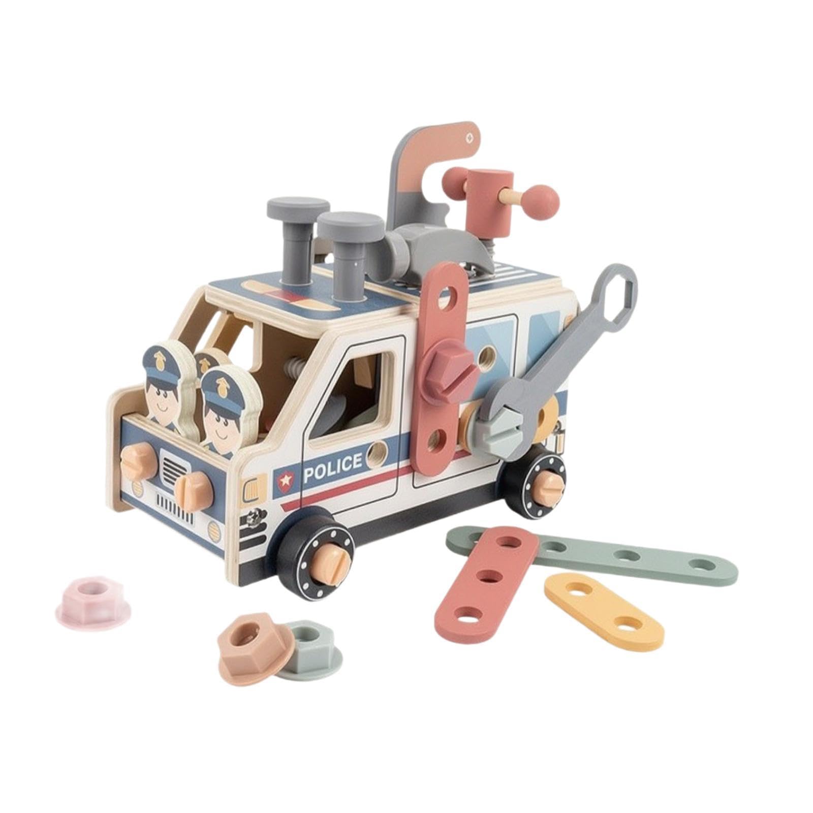 Werkzeugset für Kinder, Konstruktionsspielzeug, Geschenkset, Rollenspiel LKW, Lernwerkzeugset Aus Holz für Kinder, Polizeiwagen
