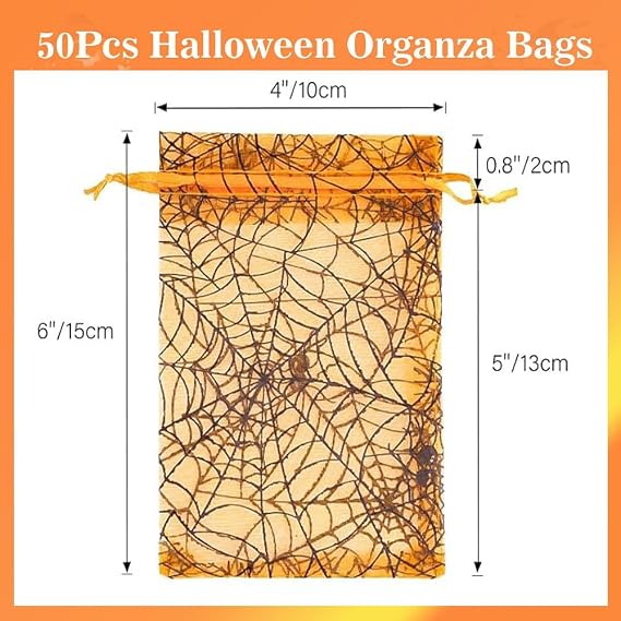 HGJST 50 PcsHalloween Candy Gift Bag, Halloween Transparent Net Bag, Spider Web and Skull Printed Halloween Party Gift Bag (4 x 6 inches)