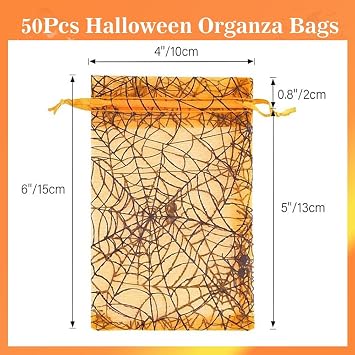 HGJST 50 PcsHalloween Candy Gift Bag, Halloween Transparent Net Bag, Spider Web and Skull Printed Halloween Party Gift Bag (4 x 6 inches)