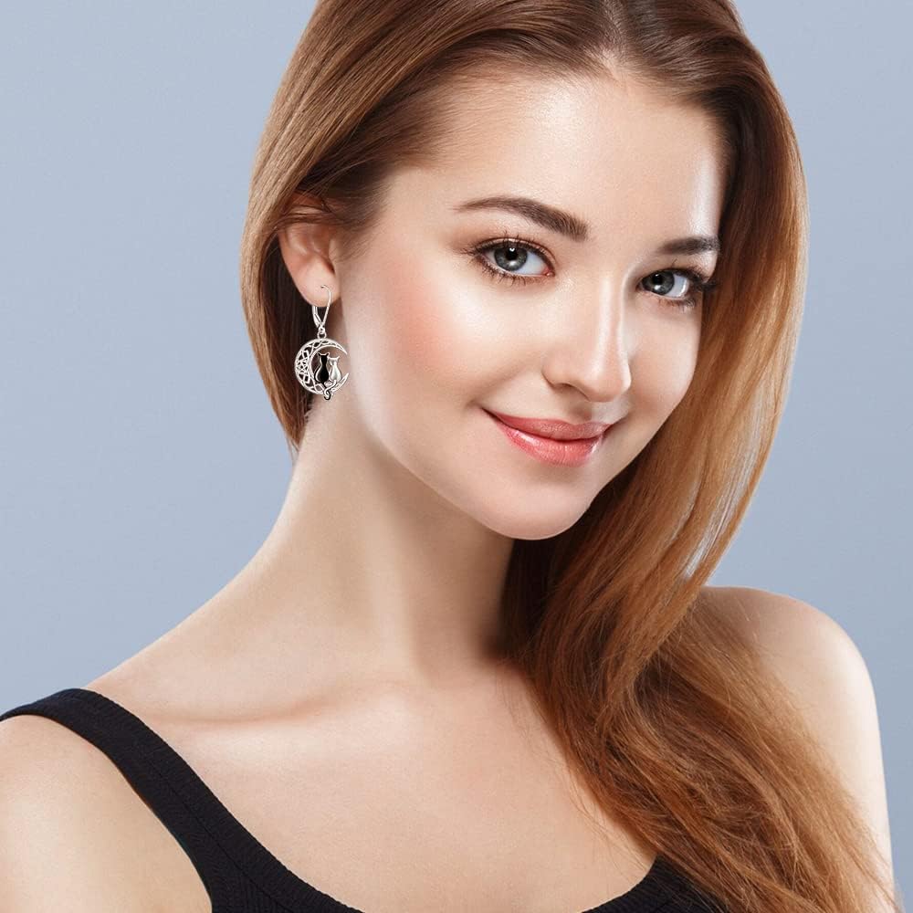 Cat Earrings Black Cat Earrings for Women Crescent Moon Celtic Knot Cute Black and White Cat Matching Sterling Silver Pentagram Pentacle Earrings Halloween Lover Gifts Jewelry - Image 3