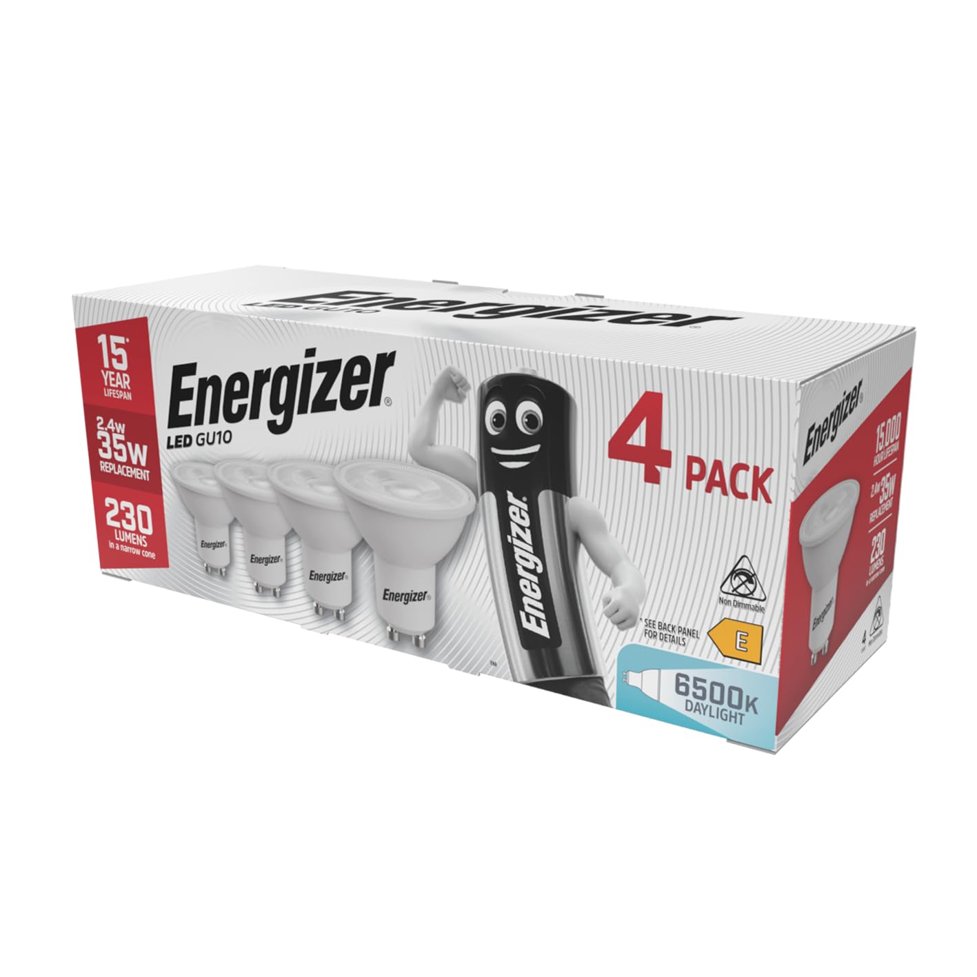 Energizer Daylight 6500K Gu10 Led Bulbs Light Bulb Pack Of 4 – 35W Halogen Spotlight Bulb Equivalent Replacement – 230Lm Energy Saving 2.4W Gu10 Non Dimmable Led Bulbs