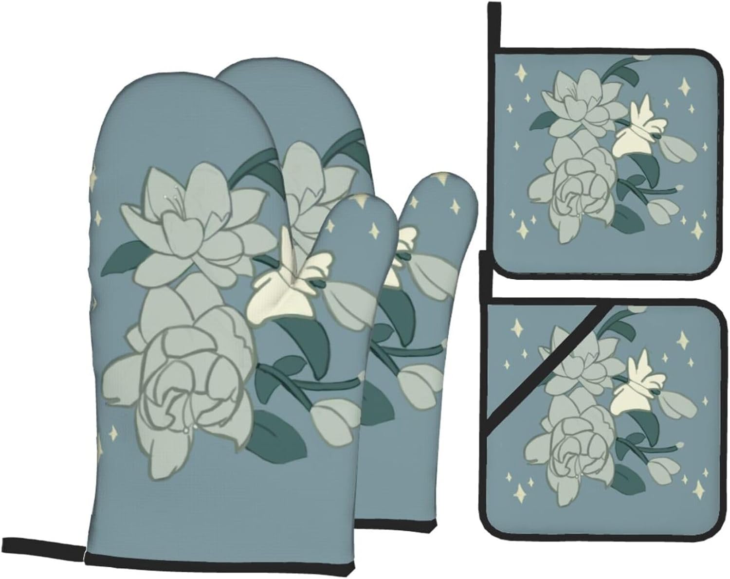 White Bauhinia Oven gloves and heat-resistant mat 4-piece set. Suitable for grilling, microwave oven frying, and baking