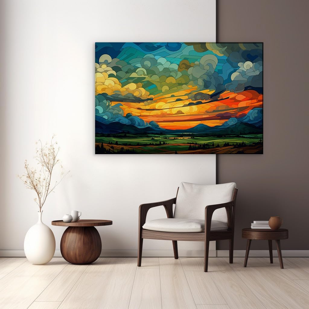 Canvas for Living room. Sunset Symphony in Digital Hues: An Abstract Masterpiece Unveiled, 27 x 18 inch Canvas Wall Art - Contemporary Masterpieces - Modern Home Decor - 69x46 cm (27x18 inch)