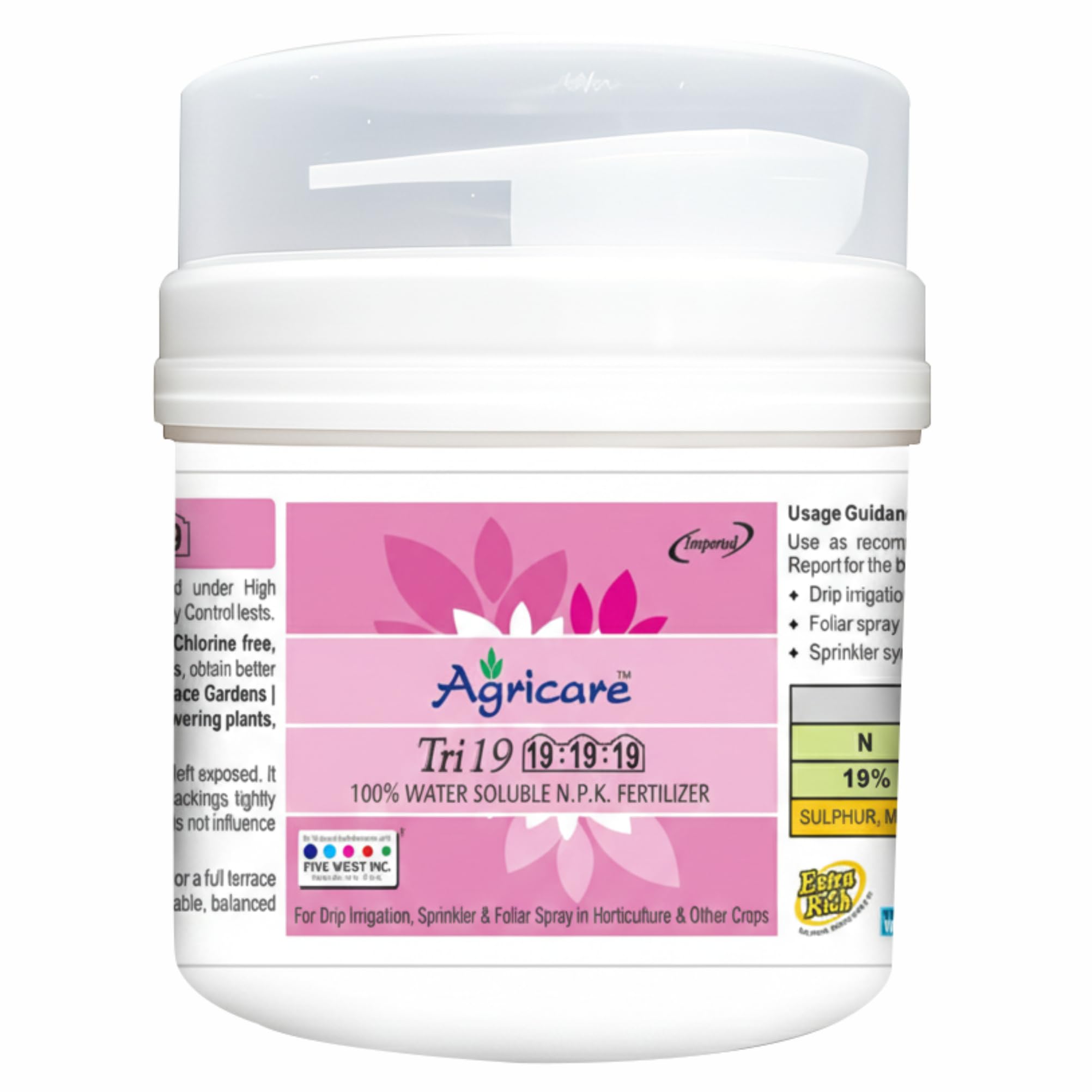 Agricare Tri19 NPK 19-19-19 Water Soluble Fertilizer (250g) | Airtight Box with Measuring Scoop | For Indoor, Outdoor, Garden and Lawn Plants