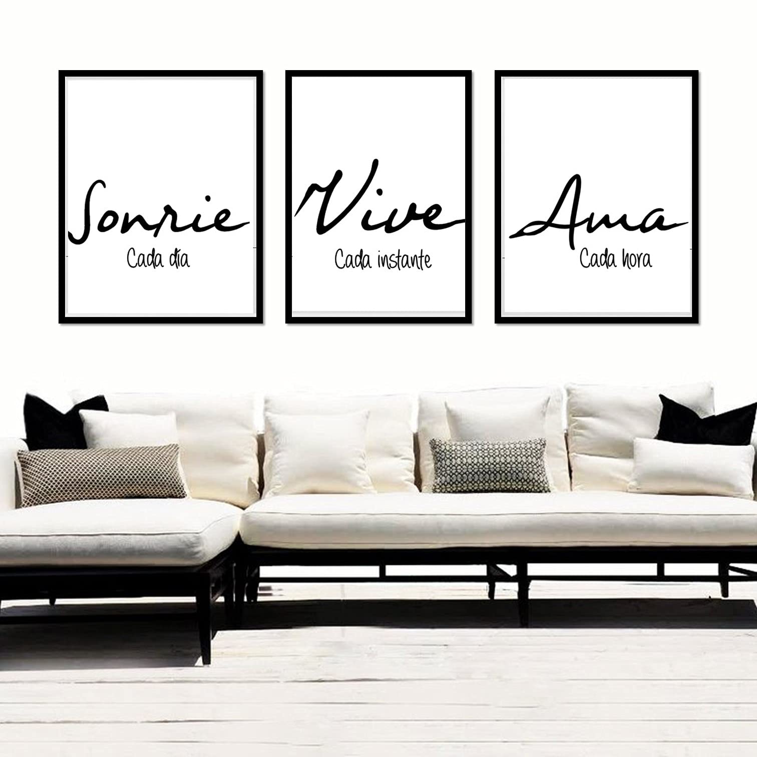 Cuadros Decoracion Salon Modernos, Decoracion Hogar, Tríptico con Marco Incluido, 3 Colores de Marco a Elegir, Tamaños grandes. Frase Motivadora, "Sonríe, Vive, Ama"