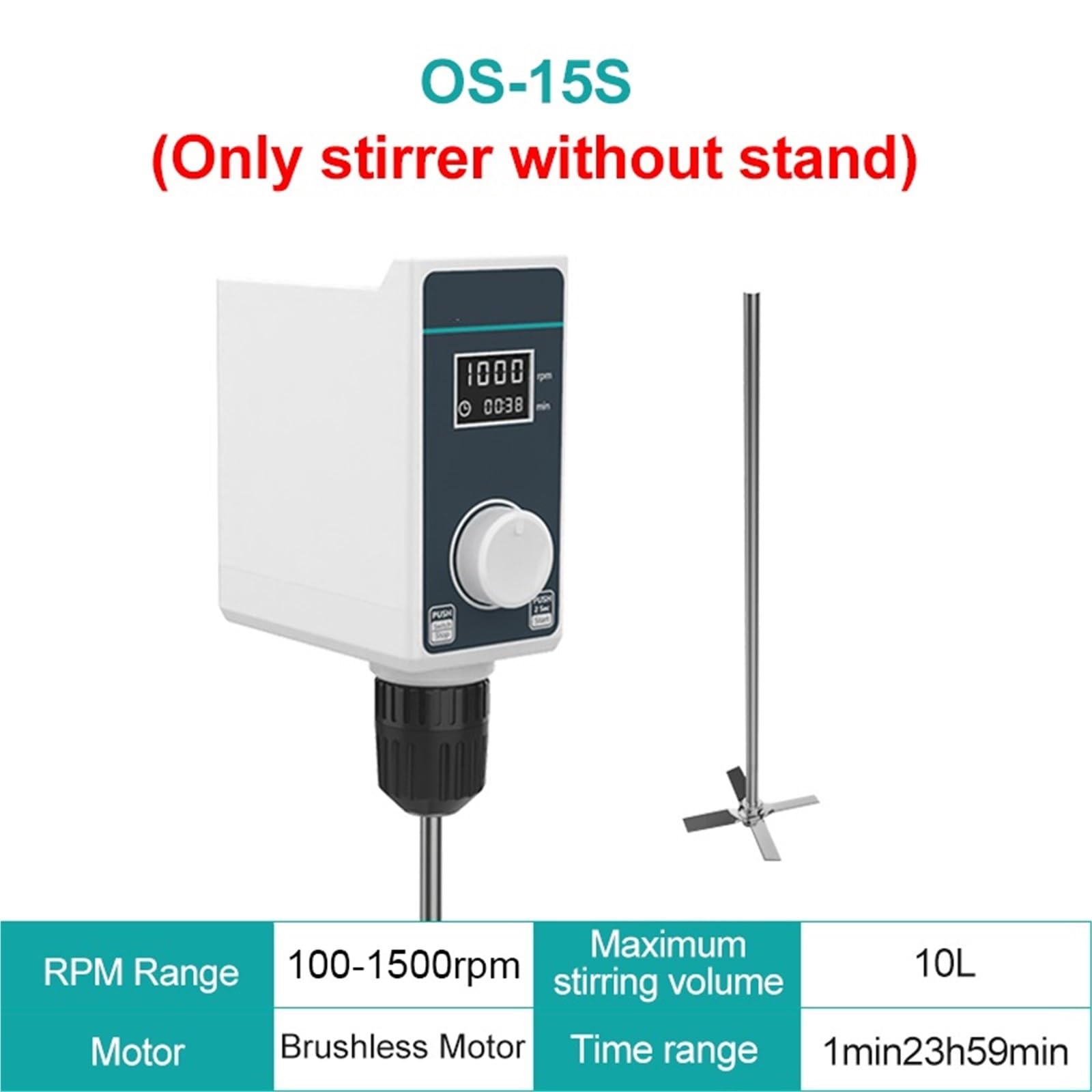 Homogeneizador Agitador eléctrico de Laboratorio con Pantalla Digital, Mezclador Varillas, Equipo, 20 l, 1500 RPM(OS-15S Without Stand)