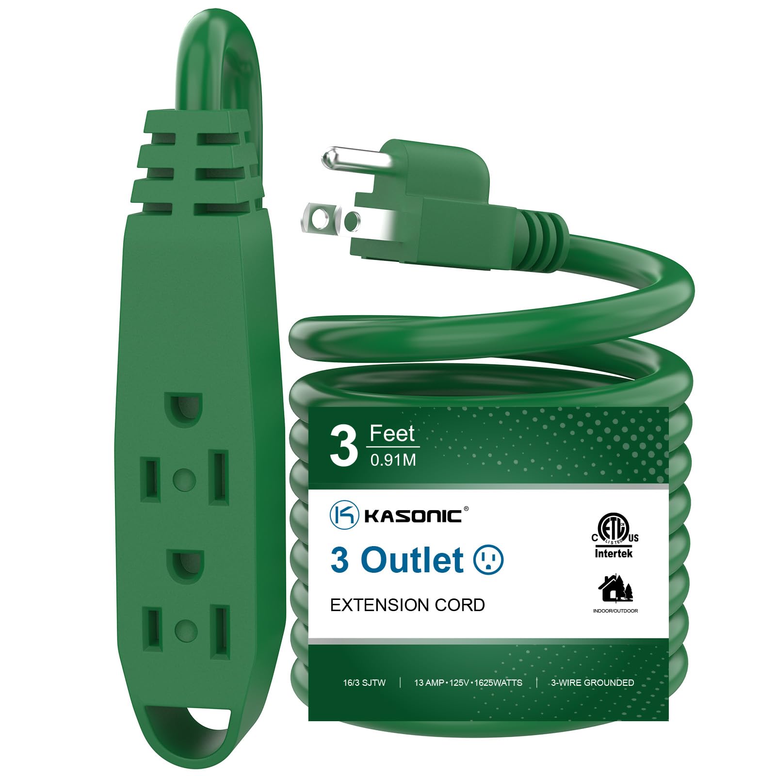K KASONIC - 3-Feet 3 Outlet Extension Cord, UL Listed, 16/3 SJTW 3-Wire Grounded, 13 Amp 125 V 1625 Watts, Multi-Outlet Indoor/Outdoor Use, Green