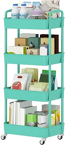 Sywhitta 4-Tier Plastic Rolling Utility Cart with Handle, Multi-Functional Storage Trolley for Office, Living Room, Kitchen, Movable Storage Verde