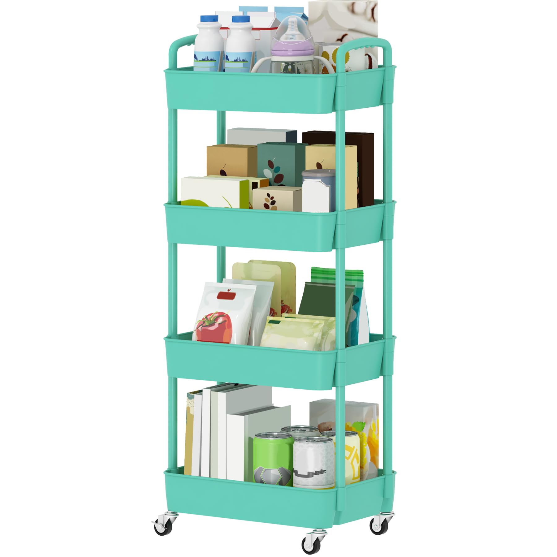 Sywhitta 4-Tier Plastic Rolling Utility Cart with Wheels for Storage,Green