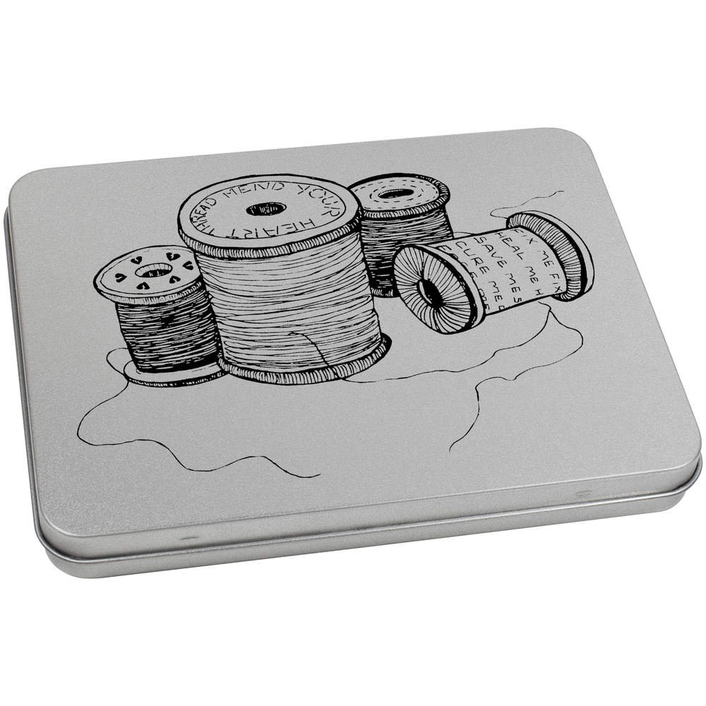 170mm 'Cotton Reels & Thread' Metal Hinged Tin/Storage Box (TT00039647)