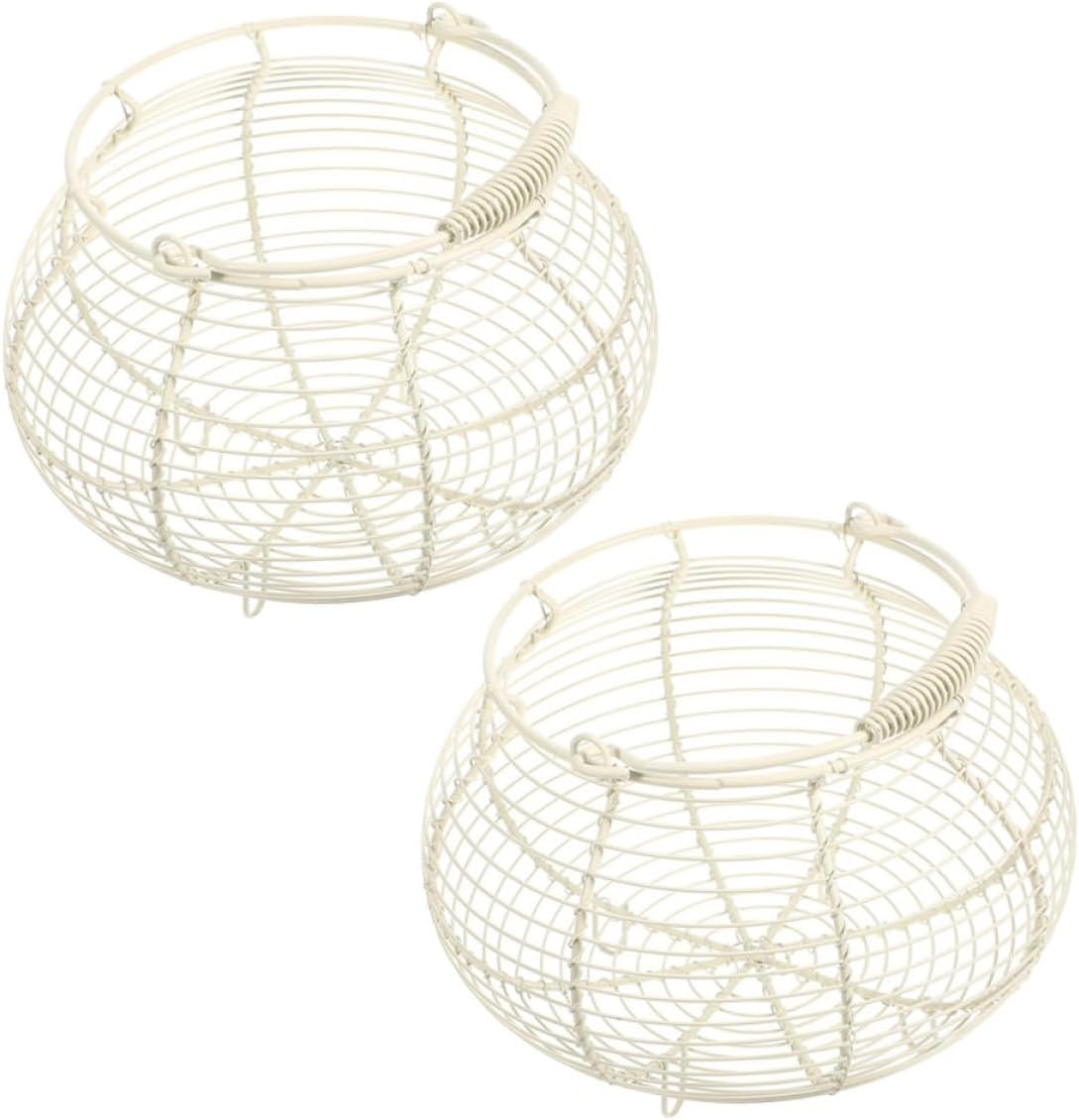 Wire Egg Basket with Handle, Small Metal Kitchen Storage Bin for Fresh Egg Collecting and Vegetable Organization, White 2pcs for Countertop and Home Use