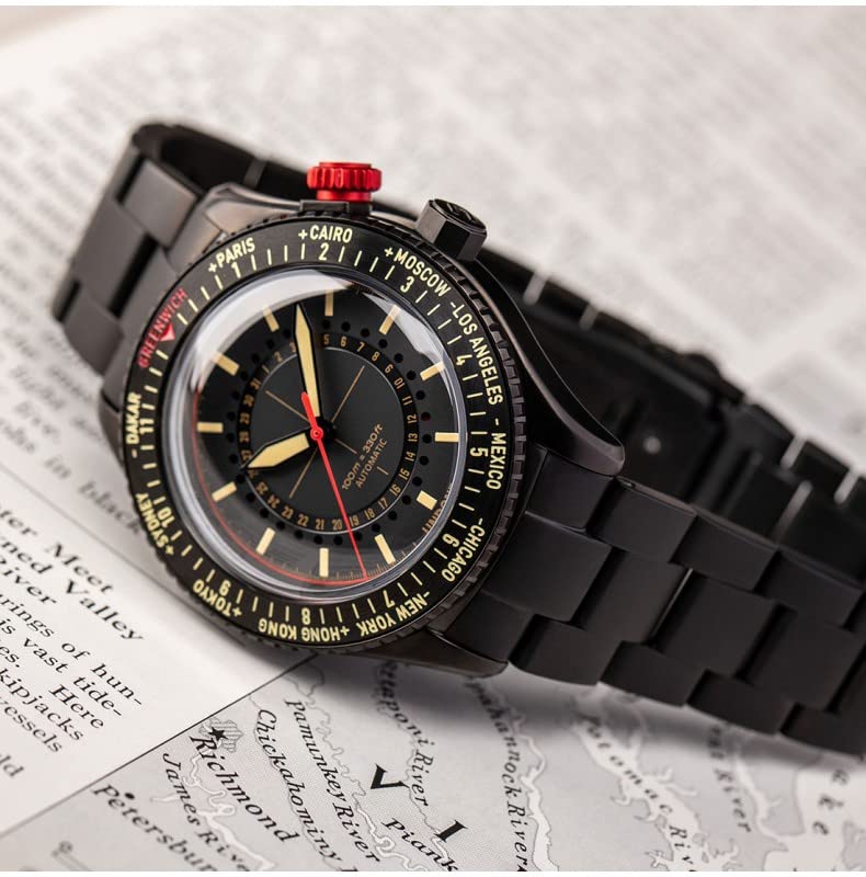 Undone AERO WORLDTIMER LINDBERGH Automatisch Stahl Schwarz Datum Vintage Pilot Uhr Herren, Schwarz , Armband