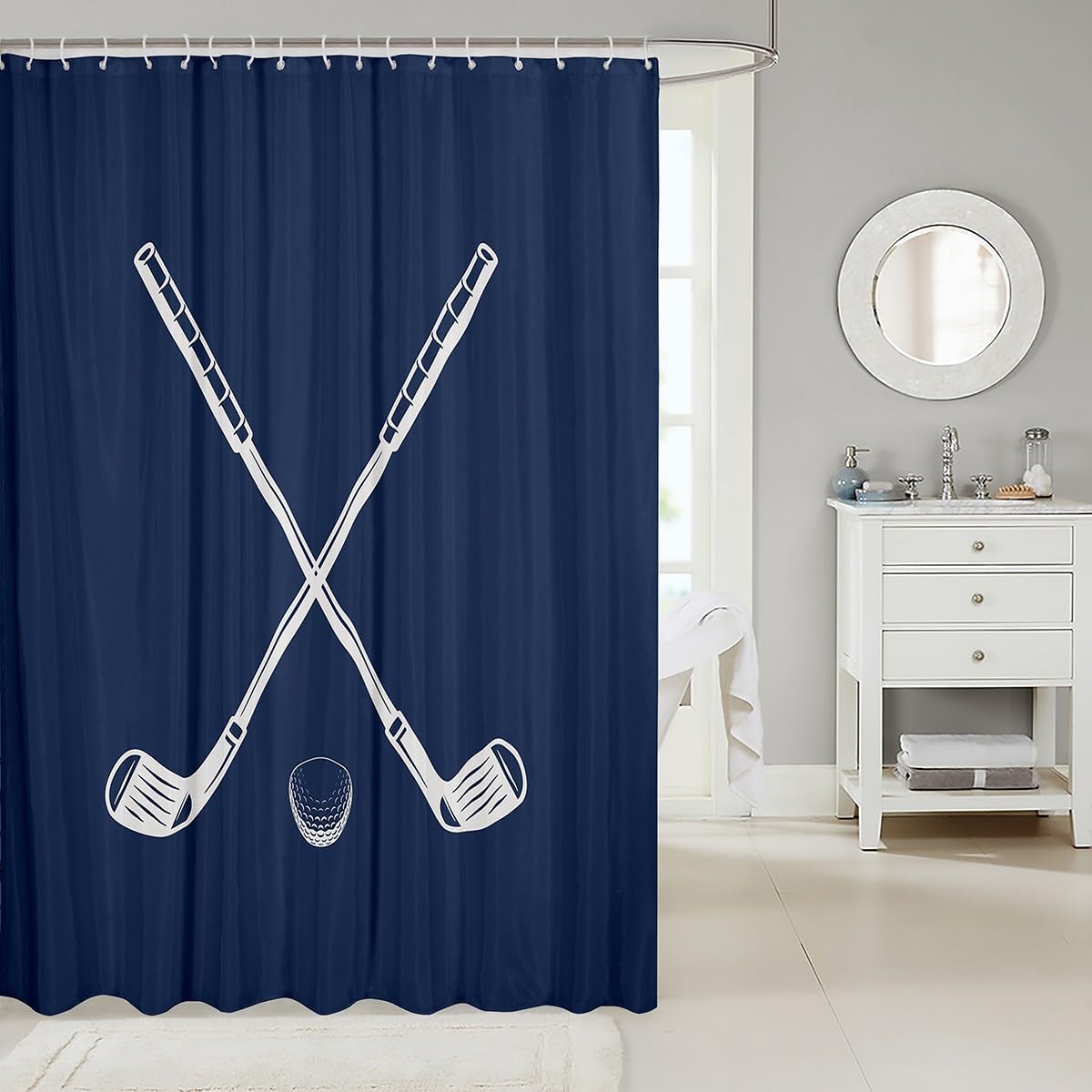 Erosebridal Golf Bathroom Accessories for Boys Girls Kids Golf Shower Curtain,Golf Balls Clubs Sports Shower Curtains,Navy Blue and White Ball Games Bathroom Curtains Sports Bathroom Decor 72" Wx72 L image 2