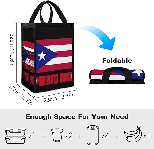 Miniatura 2 de Banderas de Puerto Rico Bolsa de almuerzo plegable aislada lonchera portátil con bolsillos para el trabajo, picnic al aire libre