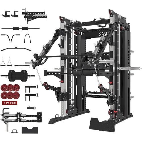 Commercial Smithe Machine with Weight Stack, All-in-One Power Cage Squat Rack Home Gym System with Leg Press Attachment & Cable Crossover, Multi-Functional Trainer with Dual Pulley System for Home Gym