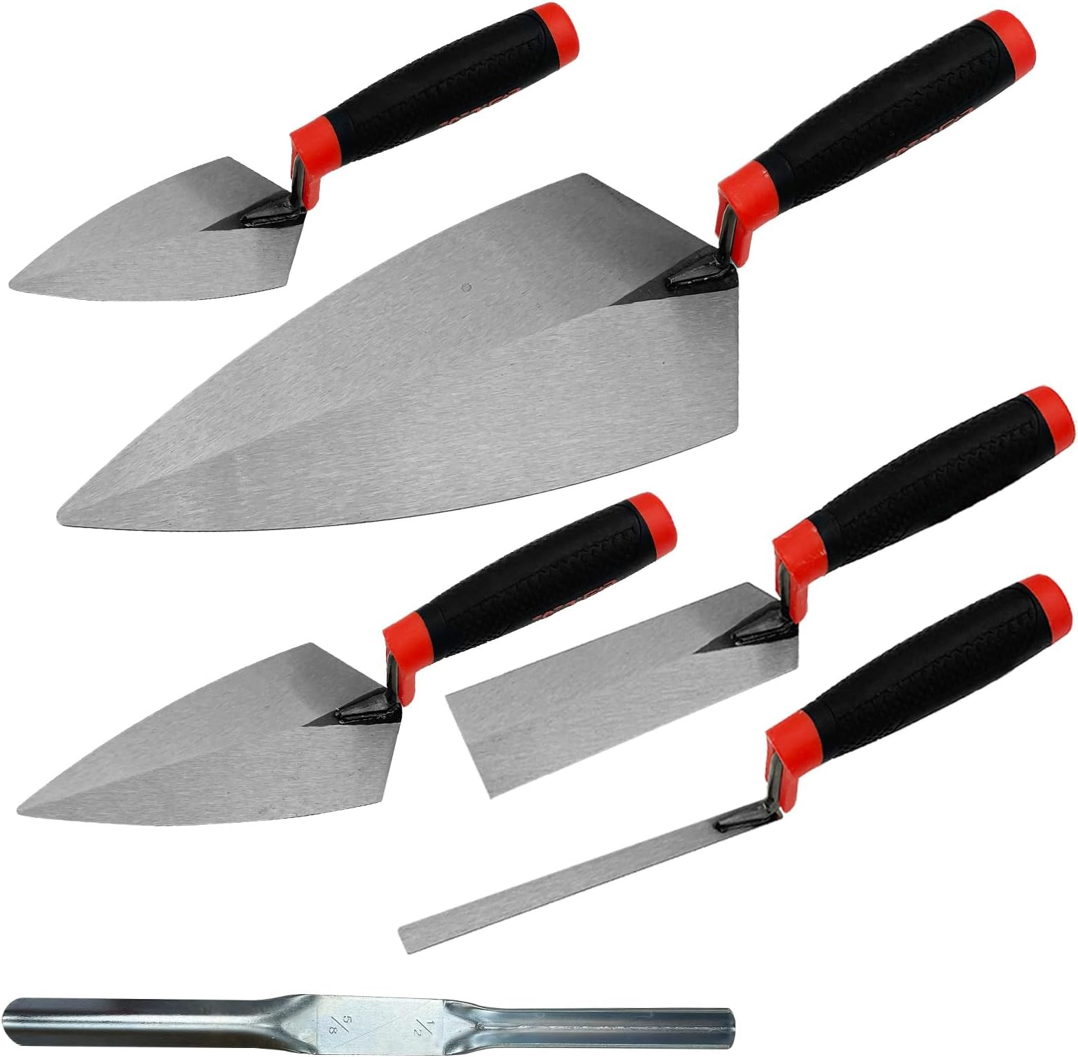 6 Pack Masonry Hand Tool Set, Concrete Tool Set Includes 1 PC Brick Trowel, 2 PCS Pointing Trowels, 1 PC Margin Trowel, 1 PCS Tuck Pointing Trowels, 1 PCS 5/8” x 1/2” Convex Brick Jointer