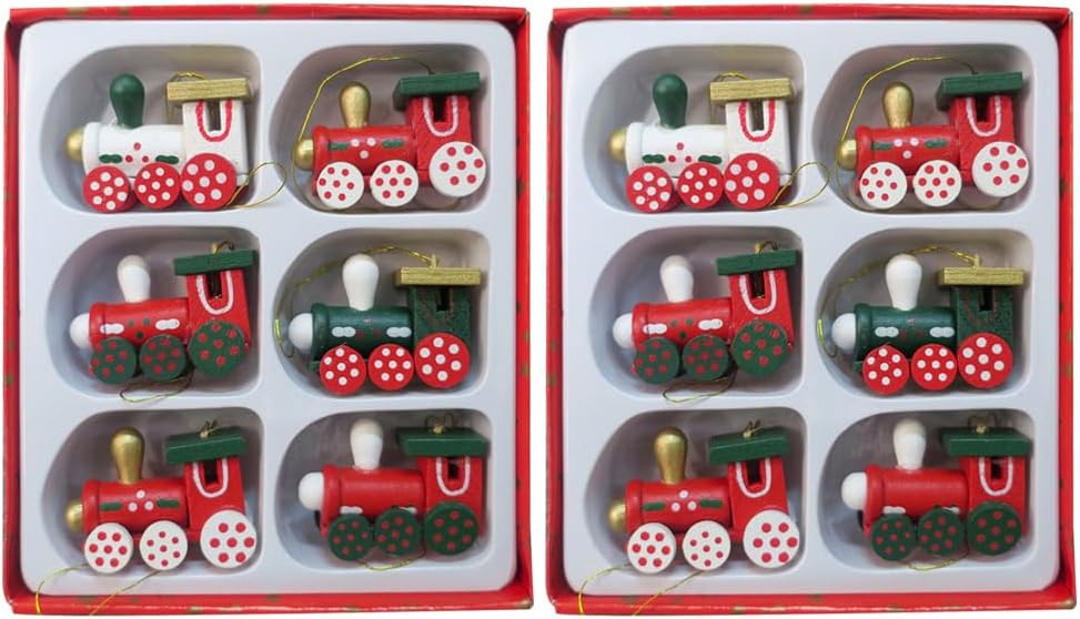 Kisangel 12pcs Christmas Train Set Wooden Christmas Pendant Tree Decorations Mini Train Hanging Decorations Xmas Party Favors