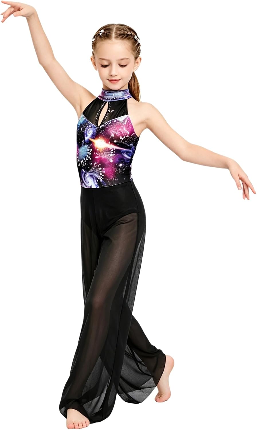 ACSUSS Girls Figure Ice Skating Jumpsuit Dance Competition Outfit Stage Performance Dancewear Mock Neck