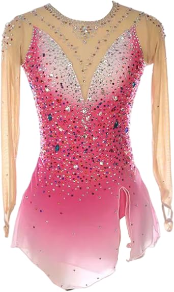 Figure Skating Dress,Girls Pink Thumbhole Halo Dyeing Rhinestone Skating Performance Competition Wear Costume
