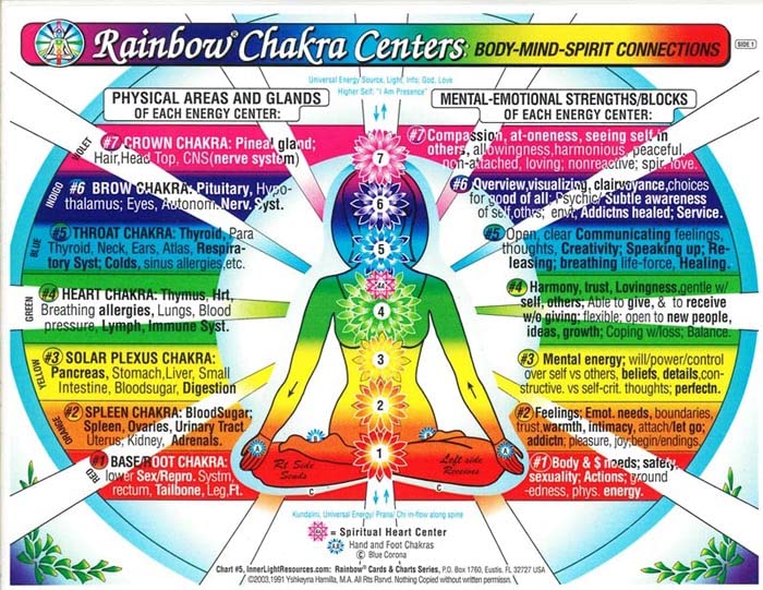 SET 4 CHARTS: REFLEXOLOGY-FOOT & HAND, CHAKRAS, & IRIDOLOGY (EYE Reflexology). in Inner Light Resources RAINBOW® Charts Series. 8.5 x 11 in. (Small Poster/ Large Cards)