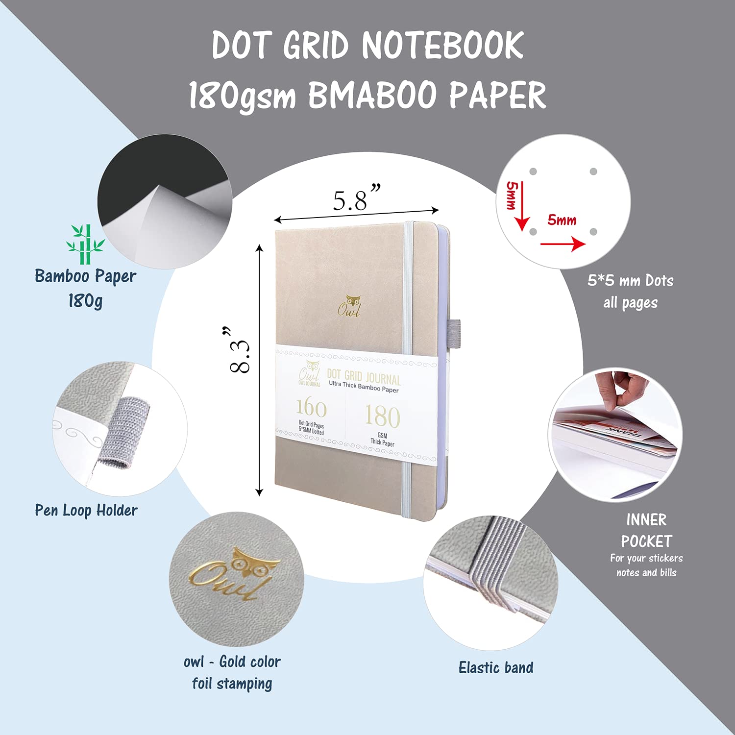 Snapklik.com : BUKE A5 OWL Dot Gird Journal Dotted Notebook 160 Pages ...