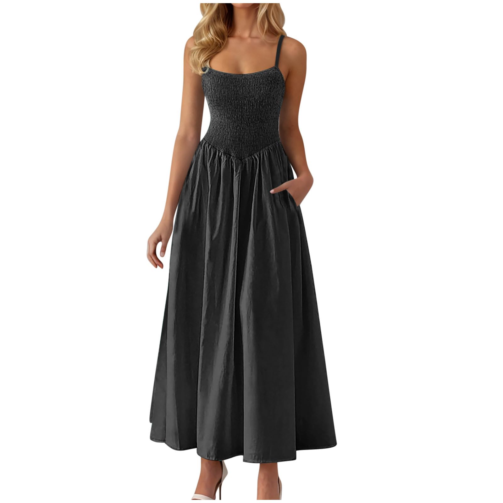 Womens Summer Dresses Spaghetti Strap Sexy Dress Solid Color Sleeveless Square Neck Maxi Sundress Ladies Casual Vacation Beach Boho Long Dress Elegant Club Party Dresses UK