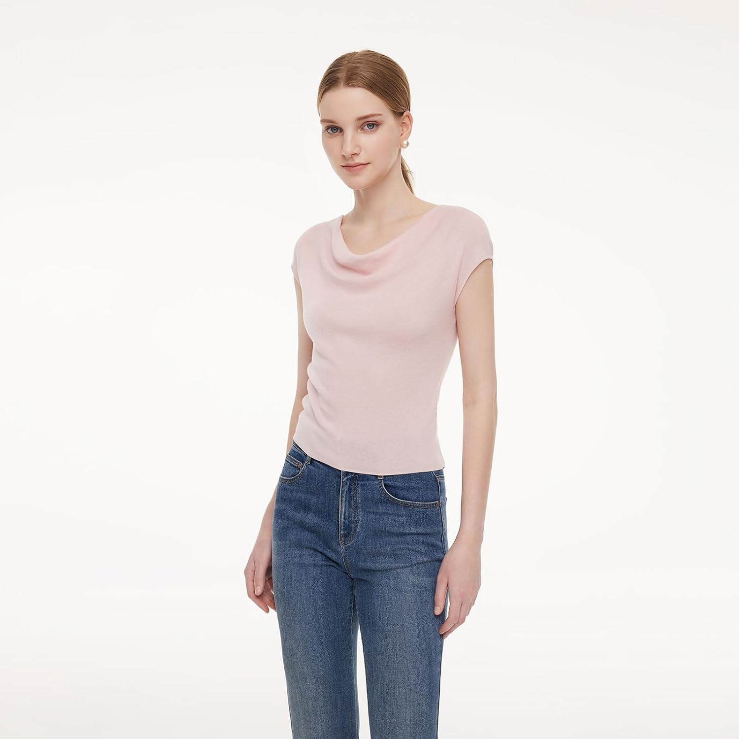 Tencel Mulberry Silk Cowl Neck Knit Top Cap Sleeve Slim Stretch Spring Summer Business Casual Trendy Tops