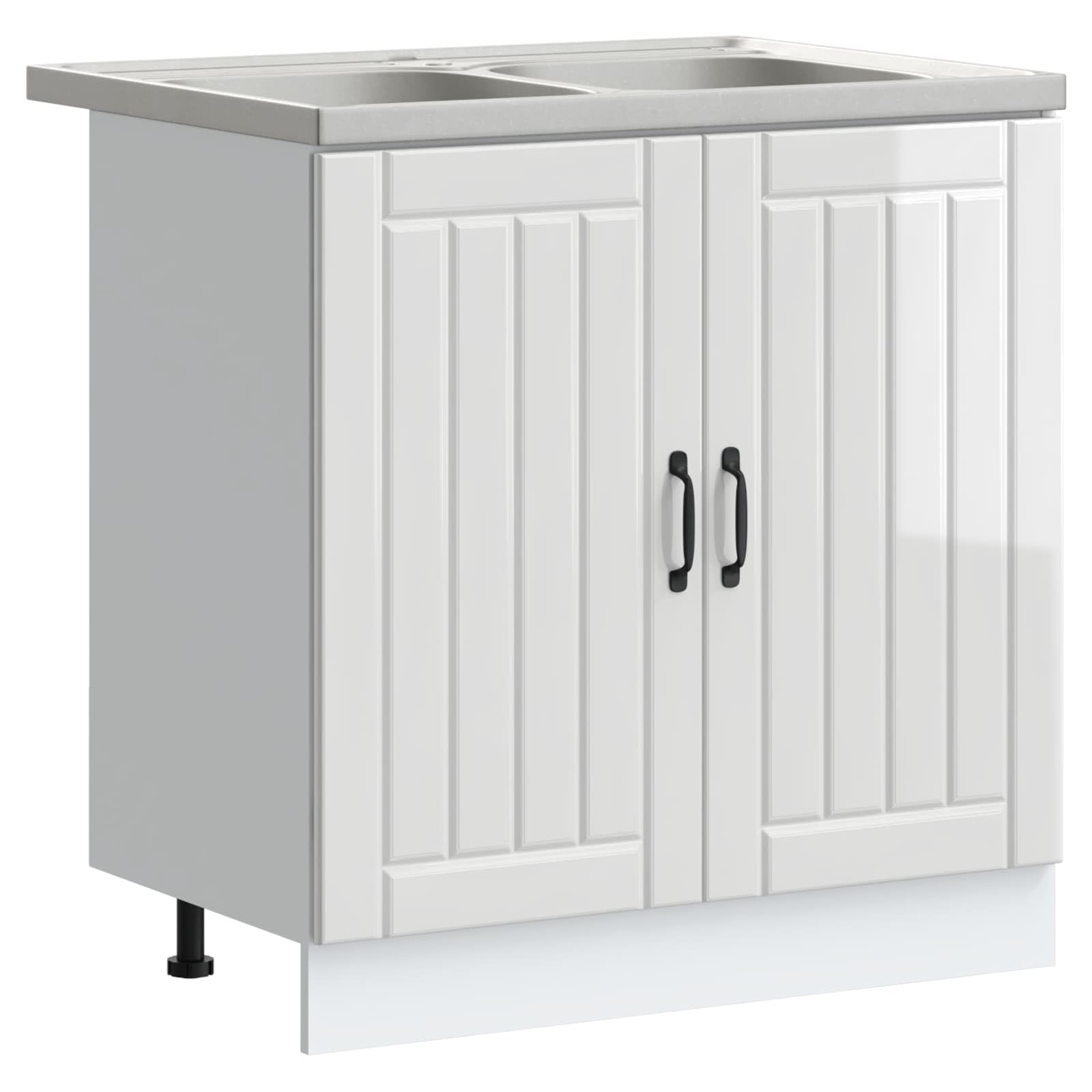 Hothingwell - Mueble bajo fregadero (80 x 46 x 81,5 cm), color blanco brillante | Puertas rasantes, Manijas de arco negro, patas poste, almacenamiento de cocina