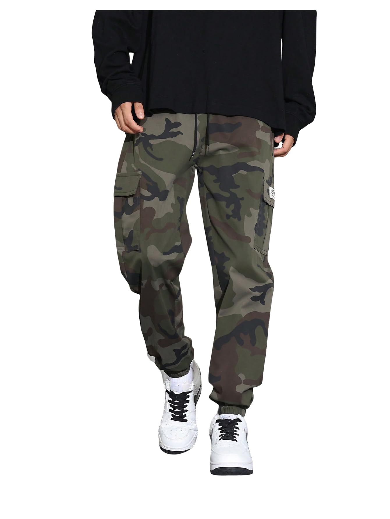 OYOANGLE Mens Camo Jogger Pants Elastic Waist Drawstring Hiking Trousers Casual Cargo Pants