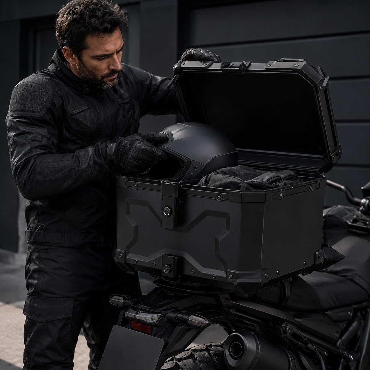 Bauletto Moto Alluminio 45 L per Casco integrale e Giacca da con Piastra di Montaggio Fodera interna e Schienale Valigia Posteriore Total Black per Scooter Moto Uso Quotidiano