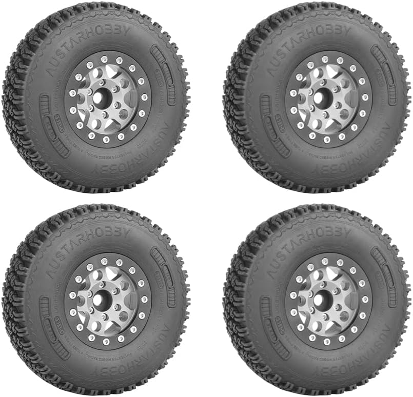 4PCS 1.55 Inch Aluminum Alloy Metal 5Spoke Beadlock Wheel Rim and 90mm Rubber Tires for 1/10 RC Rock Crawler Car for Axial AX90069 D90 TF2 CC01 Tamiya Upgrade Parts (Grey Black)
