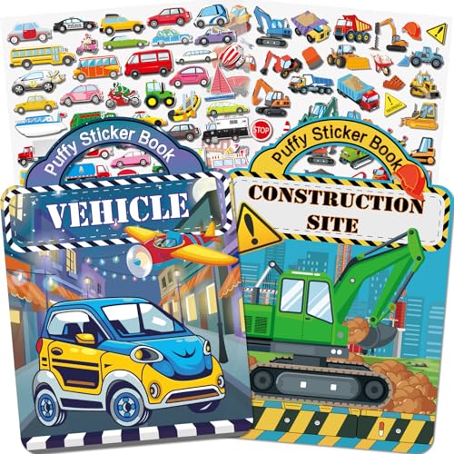 Elfew Lot de 2 Livre d'Autocollants 3D pour Enfants âgés de 2, 3, 4 ans, Autocollants Réutilisables Voitures, Chantier de construction livres...