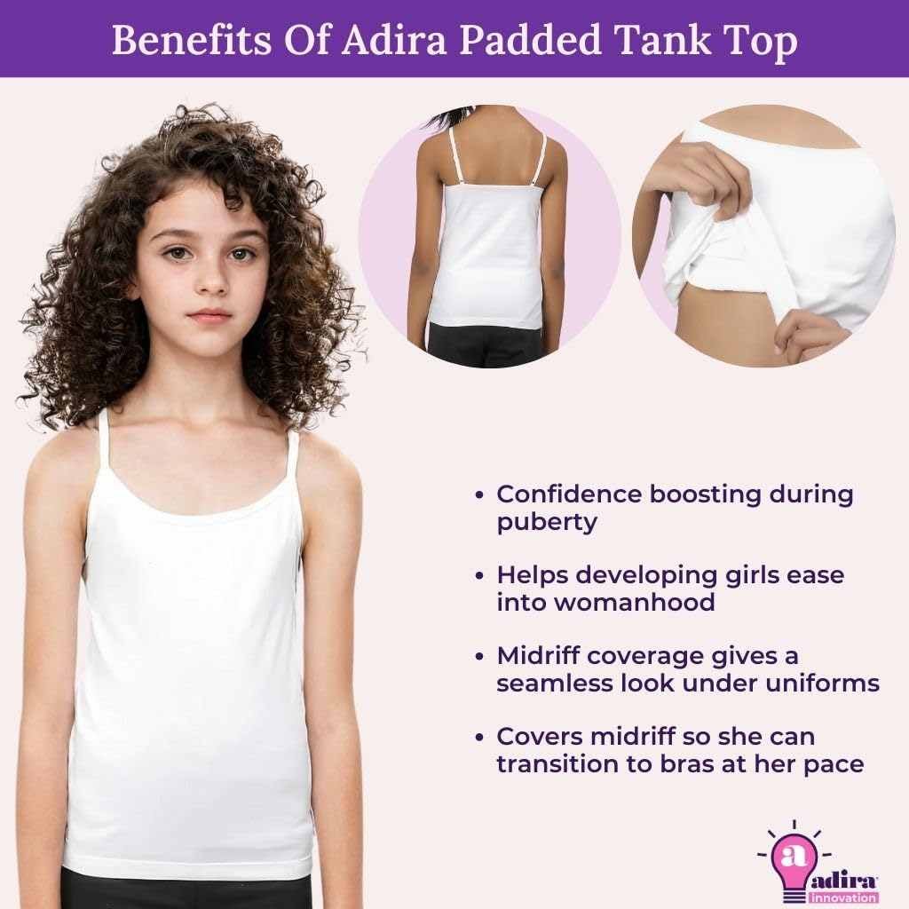 ADIRA | Padded Cotton Camisole | Beginners Cami for Puberty | Flat Padding for Nipple Coverage | Confidence for School & Home | Stretchy Cotton | Girls Slip | Pack of 3 | White & Grey | L 3