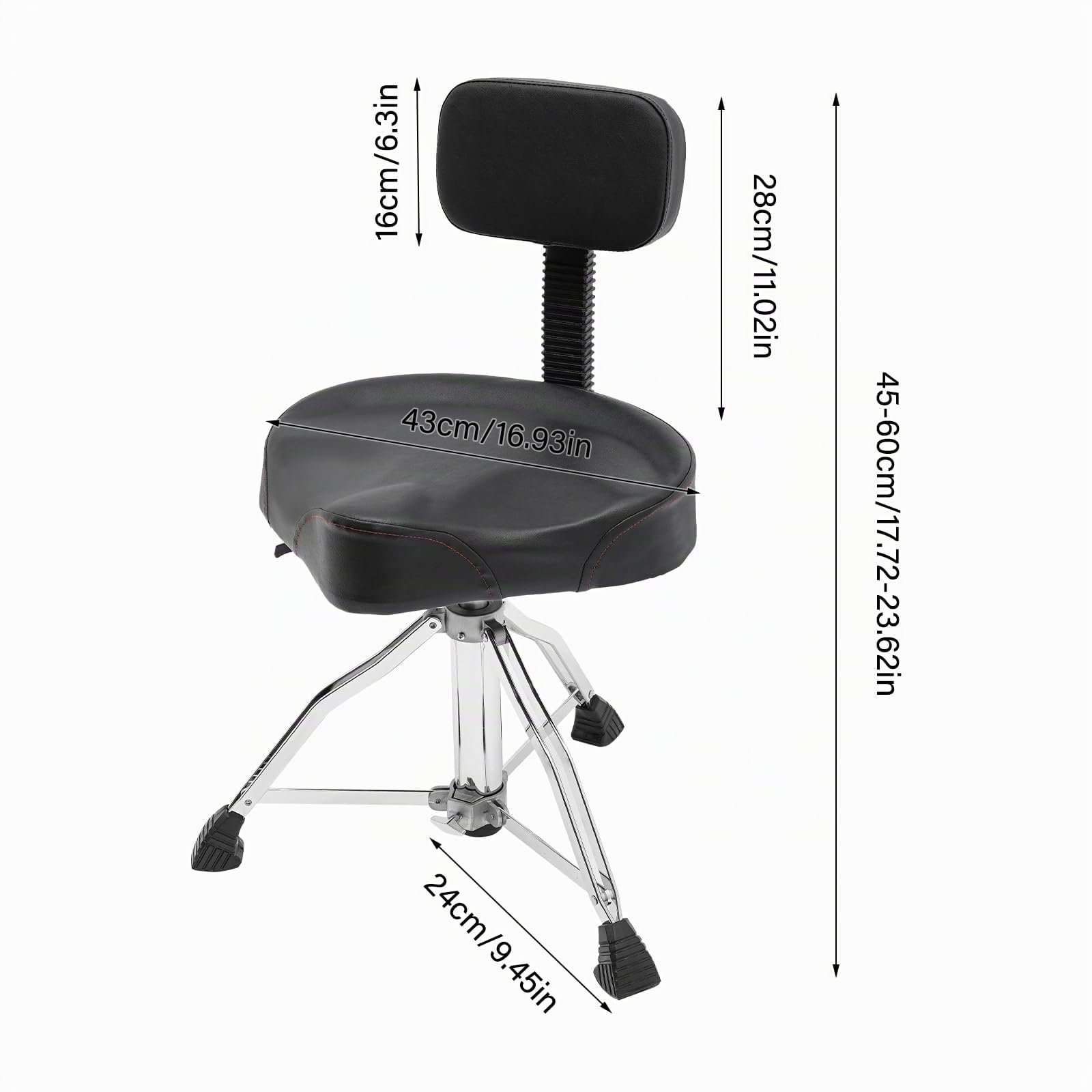 Taburete de batería acolchado ajustable con respaldo, altura regulable 45-60 cm, Negro