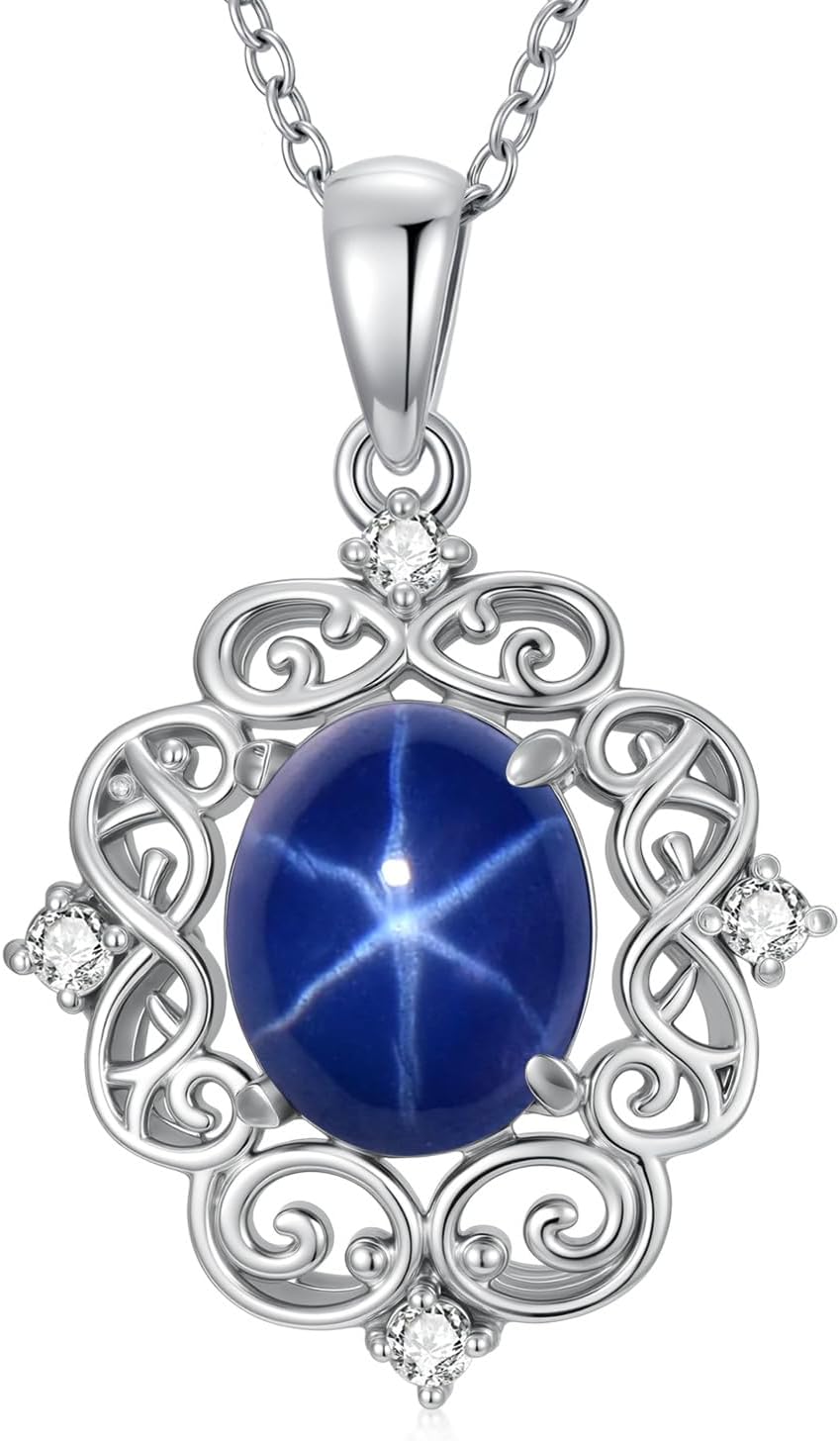 Linde Star Necklace for Women Blue Star Sapphire with Genuine Diamond Necklace 925 Sterling Silver Vintage Blue Sapphire Pendant Necklace Jewelry Gifts 18+2“