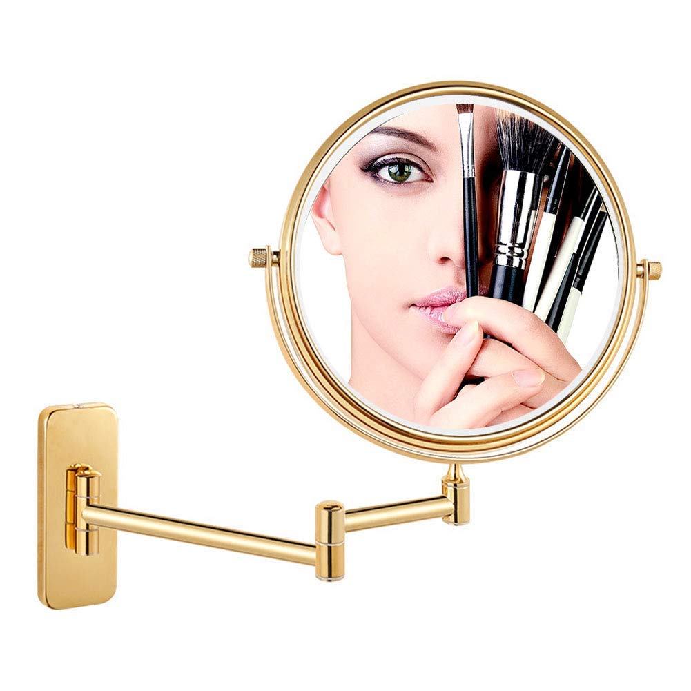 Specchio per Trucco a Parete con ingrandimento 3X, Specchio cosmetico da Bagno bifacciale Premium da 8 Pollici, Girevole a 360 Gradi, Senza Luce, Braccio Estensibile, Rotondo (Colore : Oro)