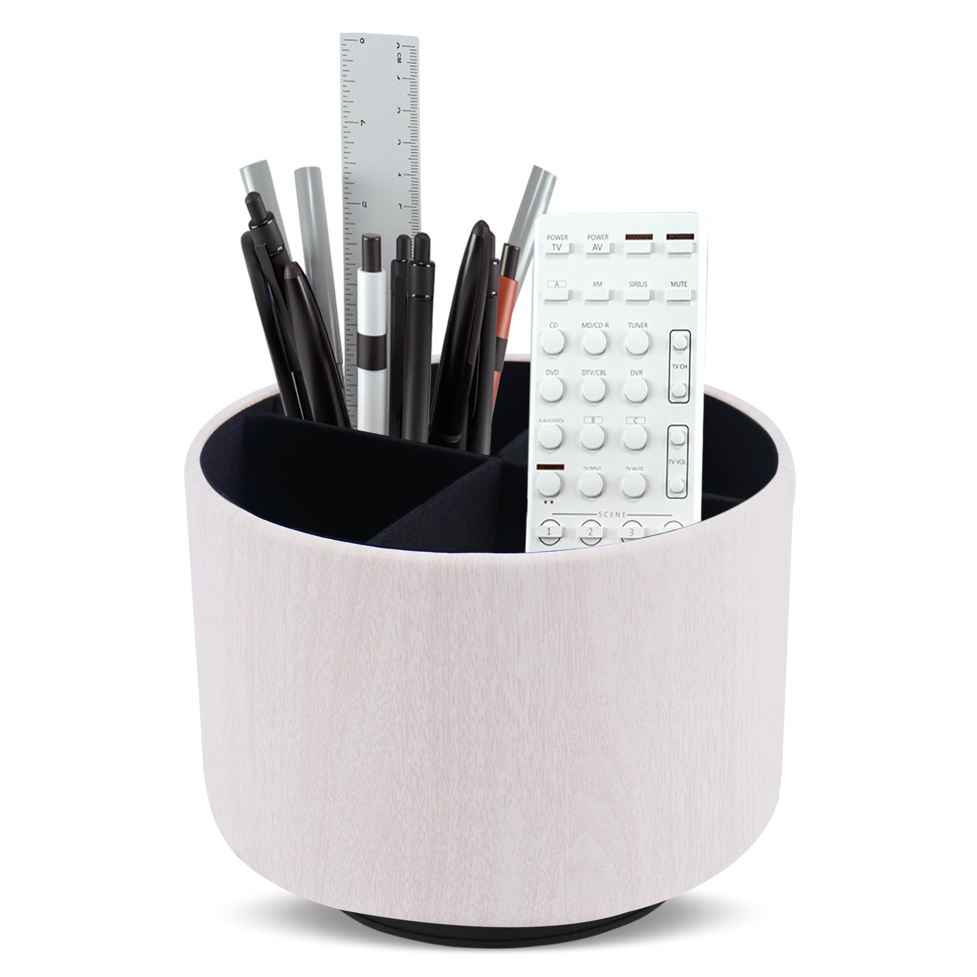 Czzmy Remote Control Holder, 360°Spinning PU Leather Desk TV Remote Caddy,Desk Storage Box Room Accessories for Controller, Media,Mail,Calculator, Mobile Phone,Pencil(1-Thin Wood White)