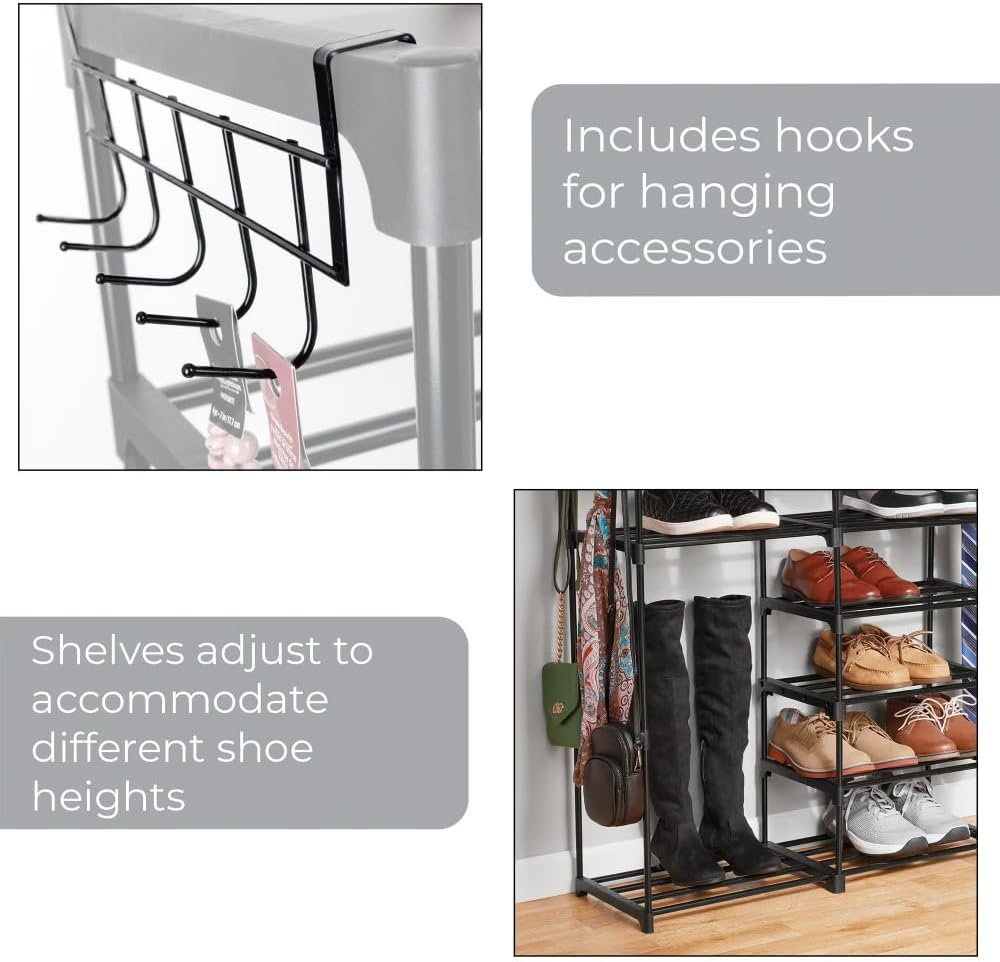 7-Tier Black Space-Saving Shoe Rack Holds Up to 21 Pairs with Adjustable Shelves & Hooks